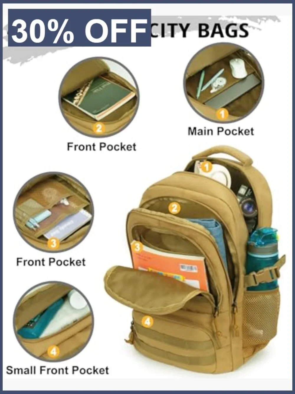 30L Tactical Camo Backpack Boys 900D Military Schoolbag 4 Pockets Heavy Duty